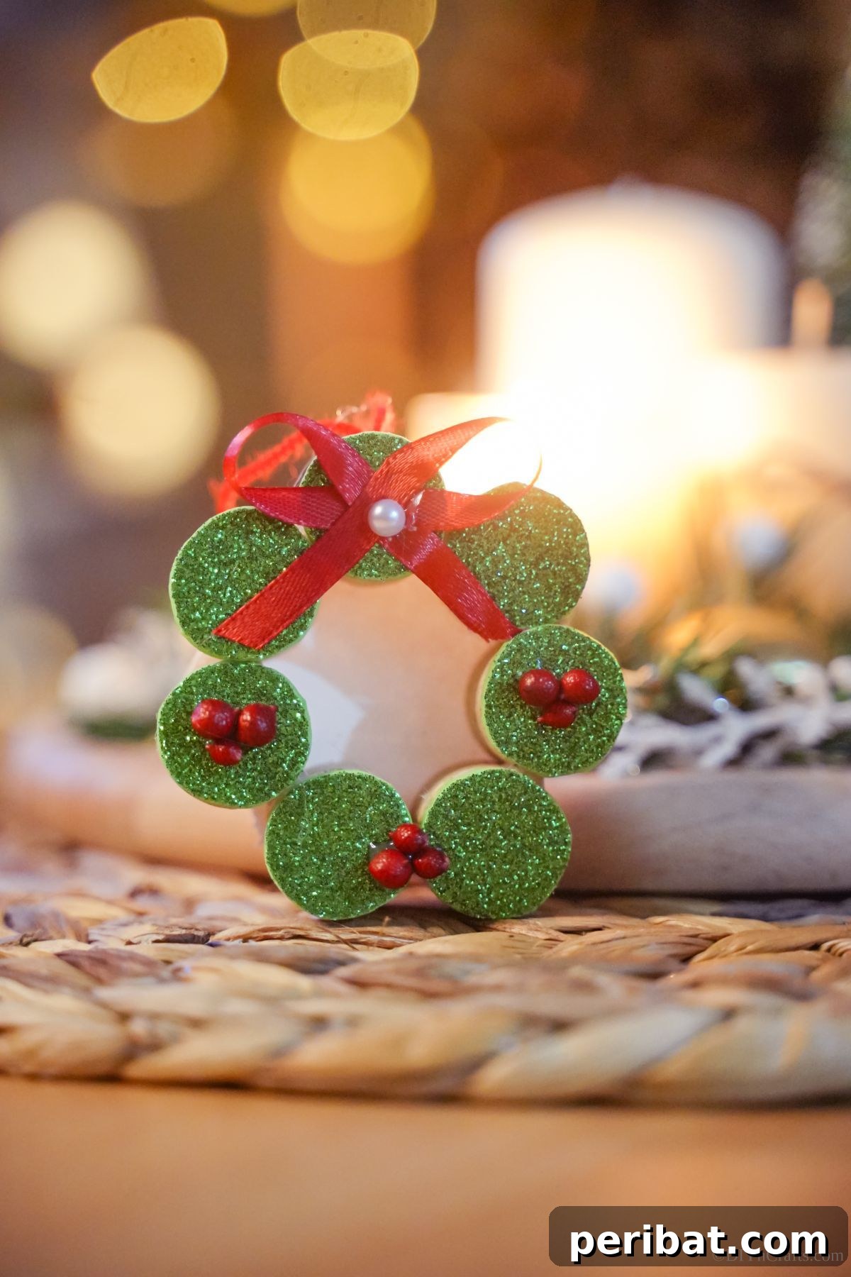 Repurposed Cork Wreath Charm 4 Small wine cork wreath ornament adorned with a red bow, displayed on a bamboo placemat