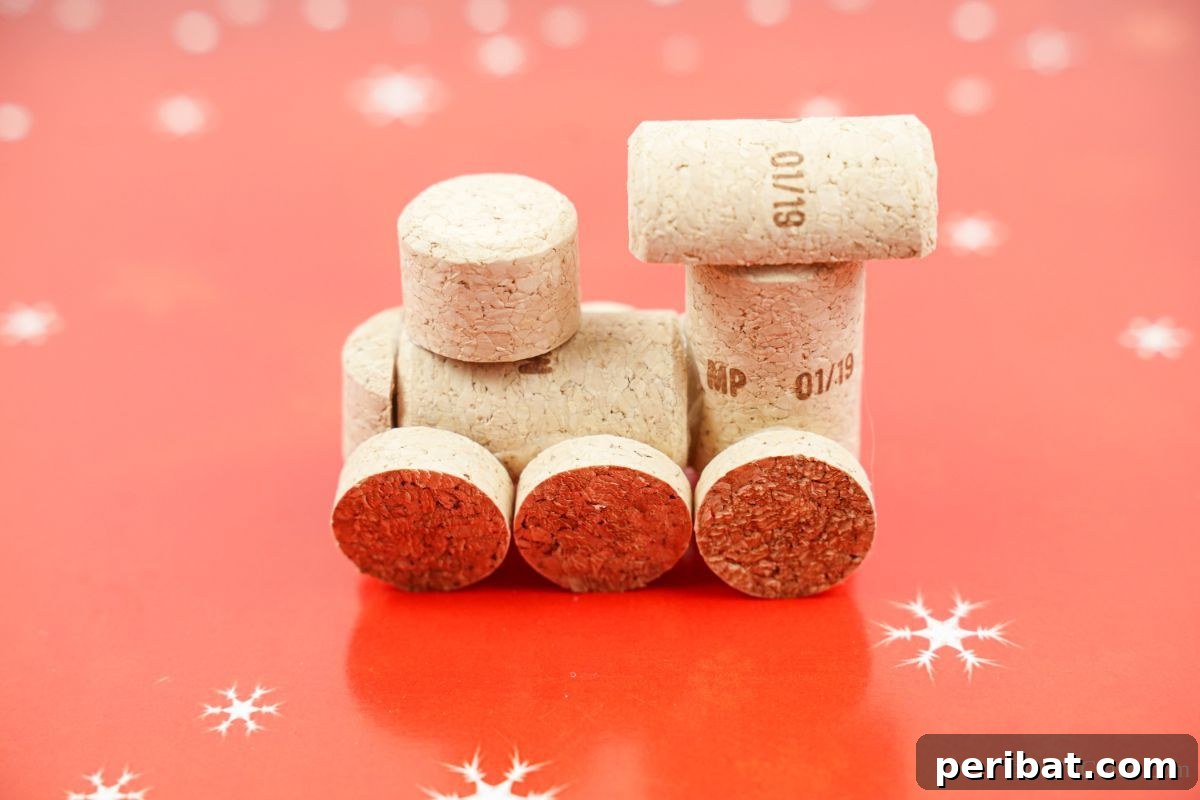 Wine Cork Express Christmas Ornament 3 A charming wine cork train ornament adorned with festive embellishments, sitting on red paper with white snowflakes