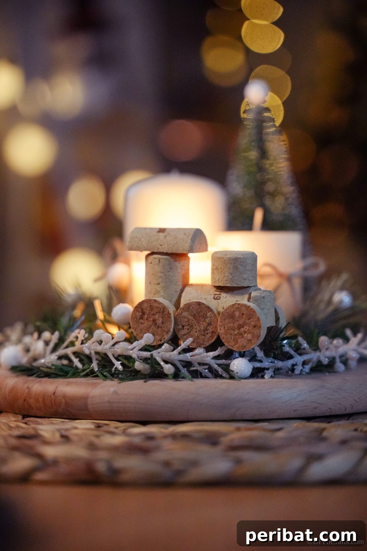 Wine Cork Express Christmas Ornament 6 A charming cork train ornament displayed on a round wooden slab next to a festive candle, creating a cozy holiday scene