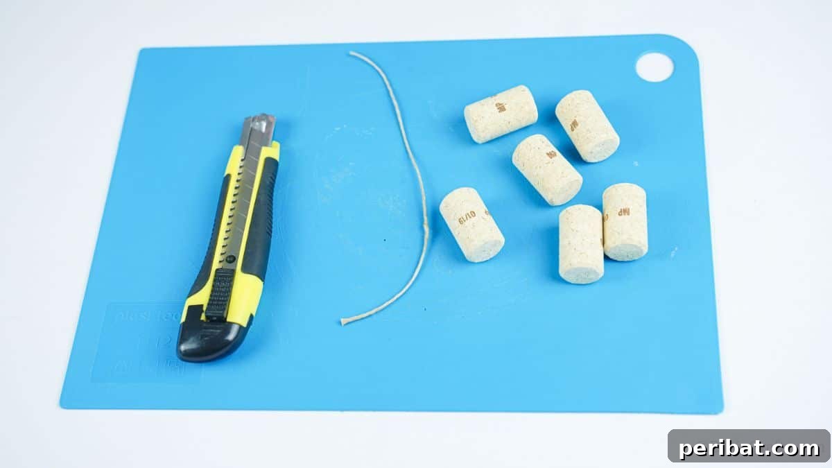 Wine Cork Express Christmas Ornament 7 Essential crafting tools and materials: corks, silver wire, and a craft knife, neatly arranged on a blue cutting mat