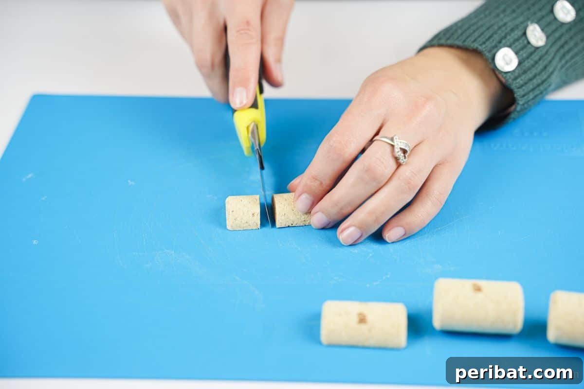 Wine Cork Express Christmas Ornament 9 A hand carefully slicing a wine cork in half across its width, creating two thick, round pieces for crafting