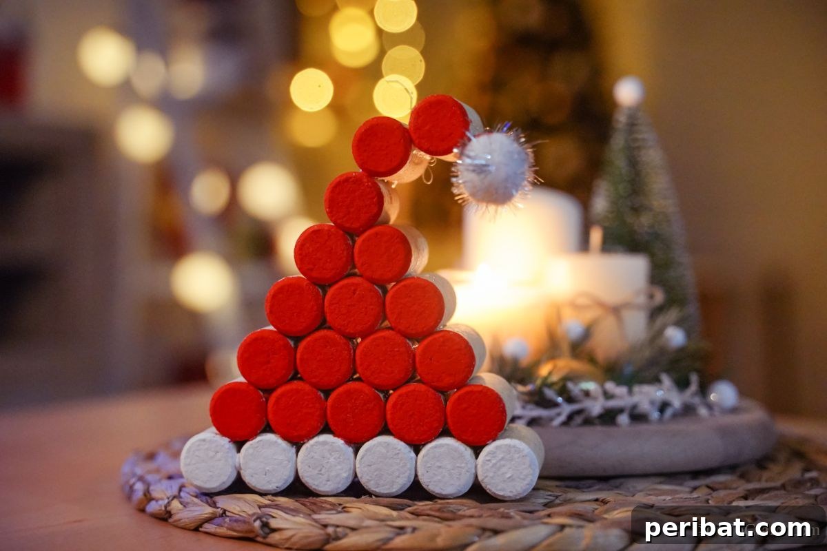 cork santa hat decoration on bamboo mat with tree in background