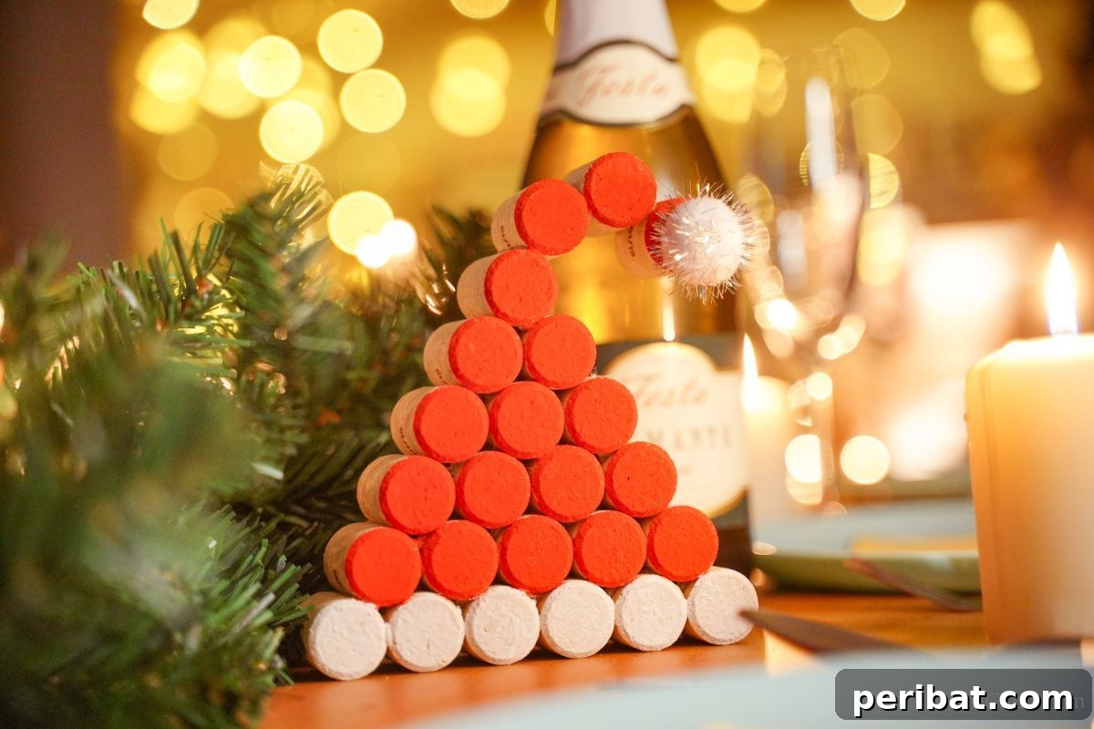 A charming wine cork Santa hat decoration stands proudly in front of a blurred wine bottle and lush greenery, highlighting its rustic appeal.