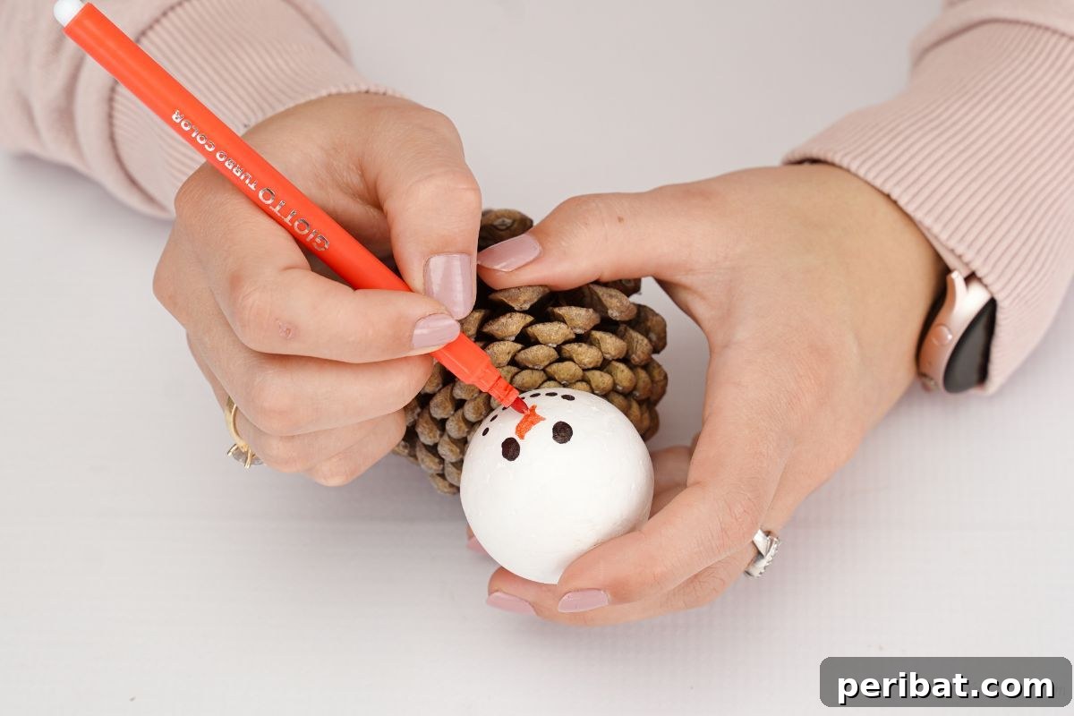 Woodland Pinecone Snowman Charm 12 orange marker making nose on white ball for ornament