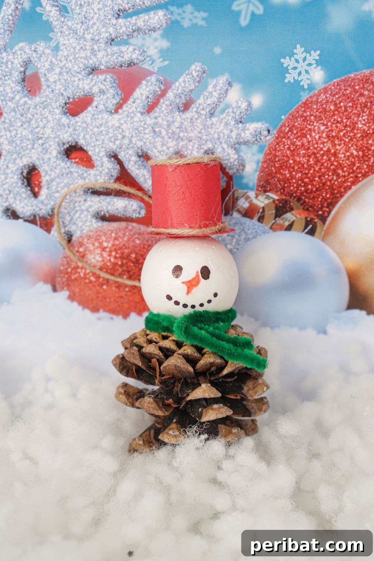 Woodland Pinecone Snowman Charm 4 pinecone ornament in front of winter themed paper background