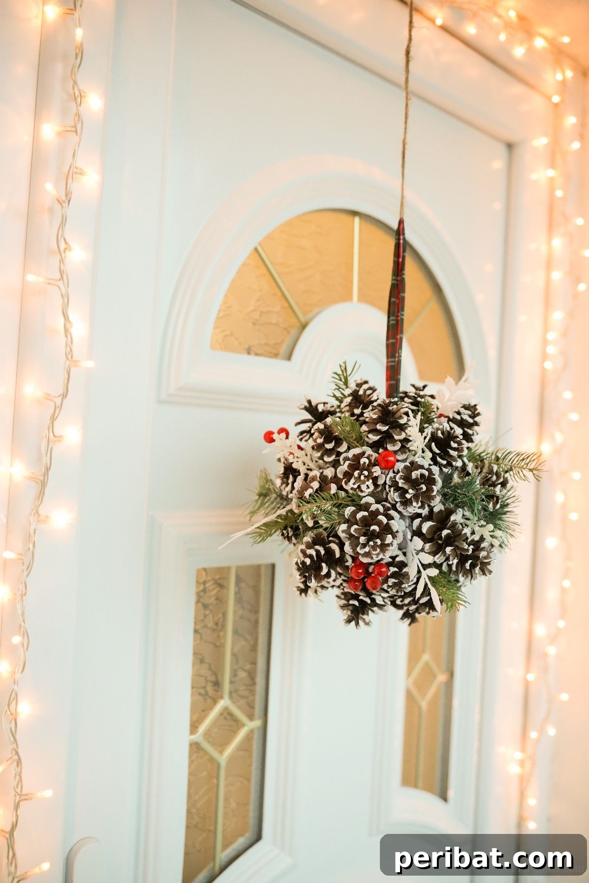Festive Pinecone Ball Door Ornament 2 Pinecone Christmas ball hanging on front door with Christmas lights around side of door, creating a festive welcome