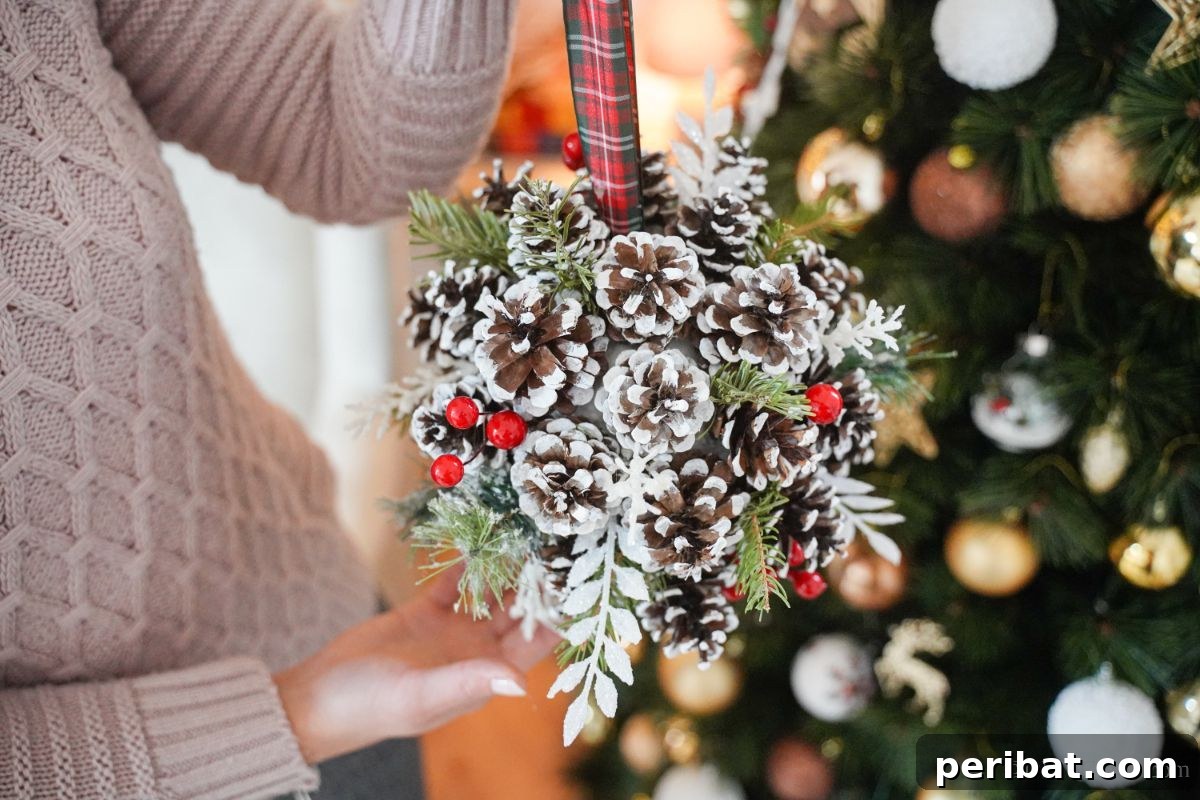 Festive Pinecone Ball Door Ornament 3 Woman holding a pinecone ball in front of a decorated Christmas tree, showcasing the holiday craft