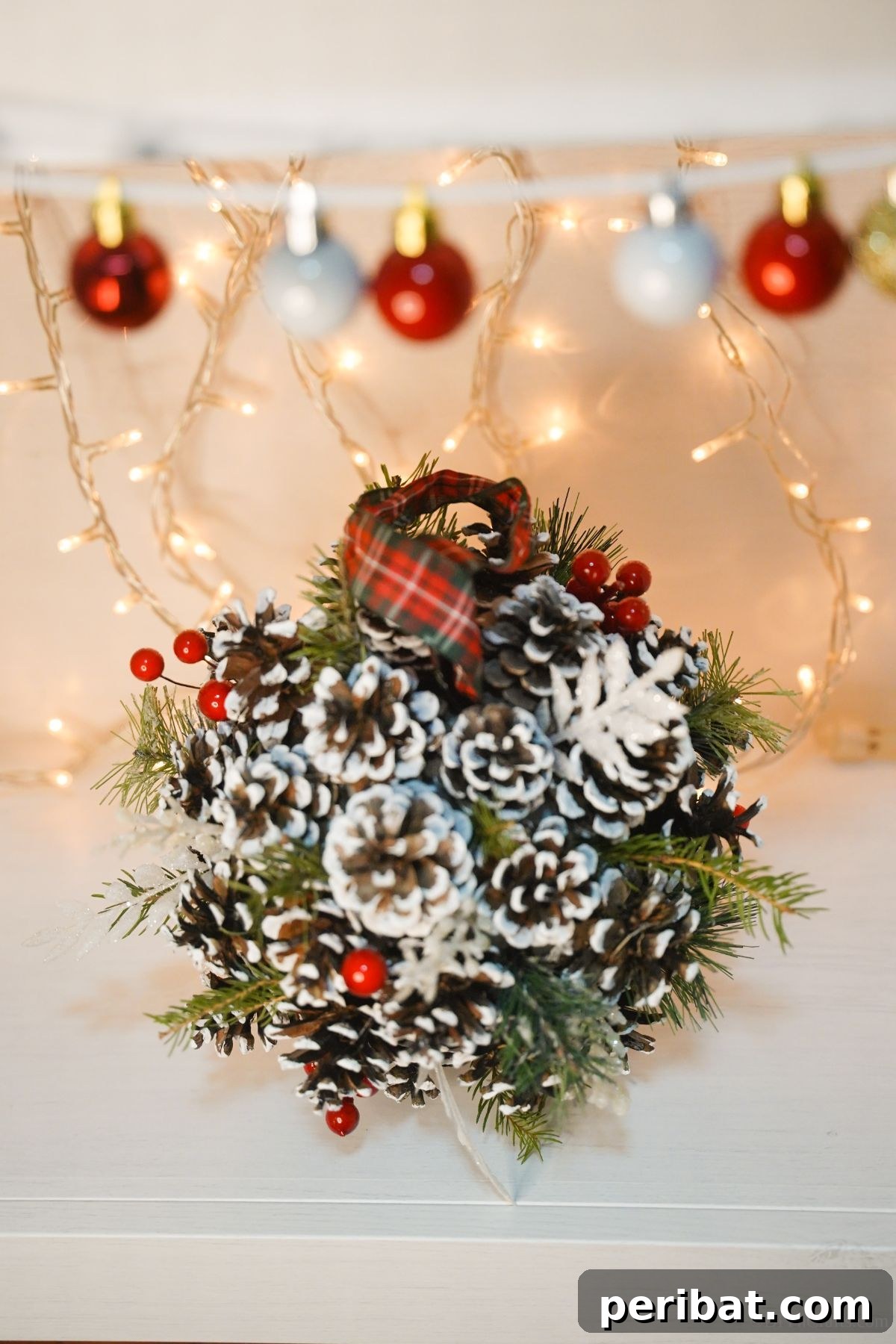 Festive Pinecone Ball Door Ornament 16 Pinecone ball on white counter with silver and red ornaments above, displaying a festive arrangement