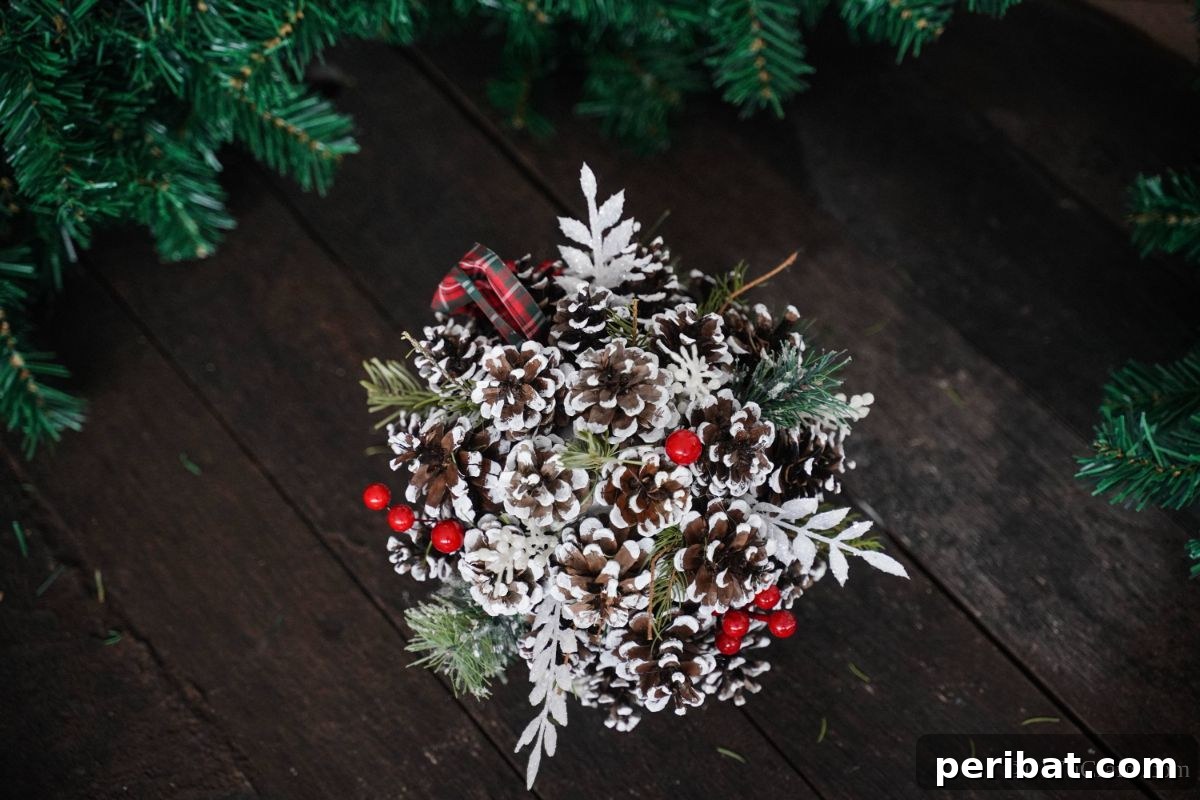 Festive Pinecone Ball Door Ornament 7 Pinecone ball resting on dark wood surface, showcasing its natural texture