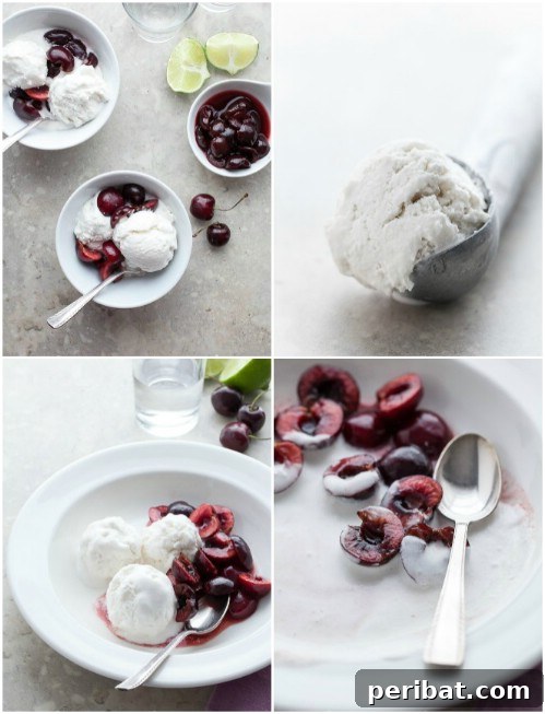 Tropical Triple Coconut Sorbet with Kirsch Cherries