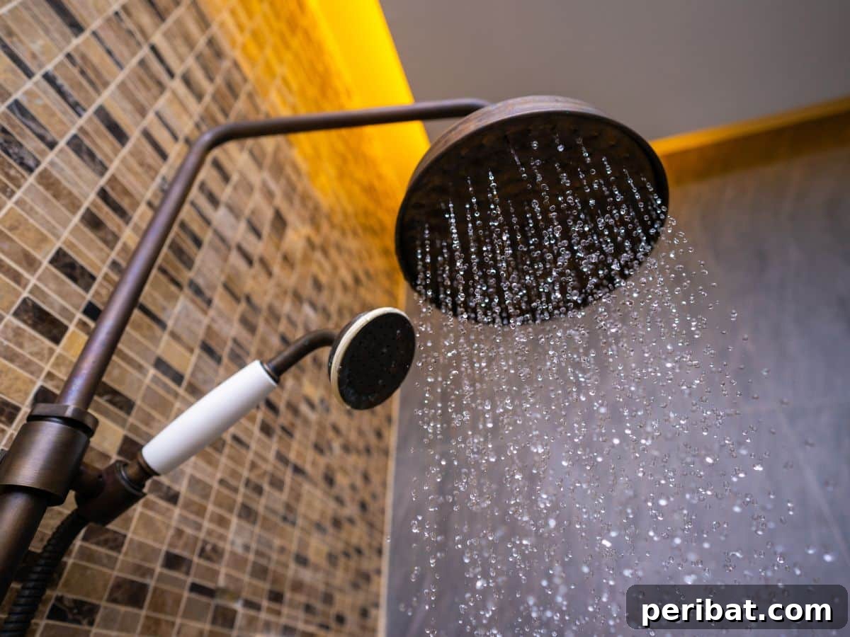 A close-up of a modern filtered shower head, symbolizing the importance of water quality for hair.