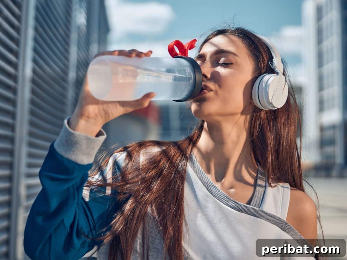 A young woman is happily drinking a glass of fresh water, emphasizing internal hydration for health.