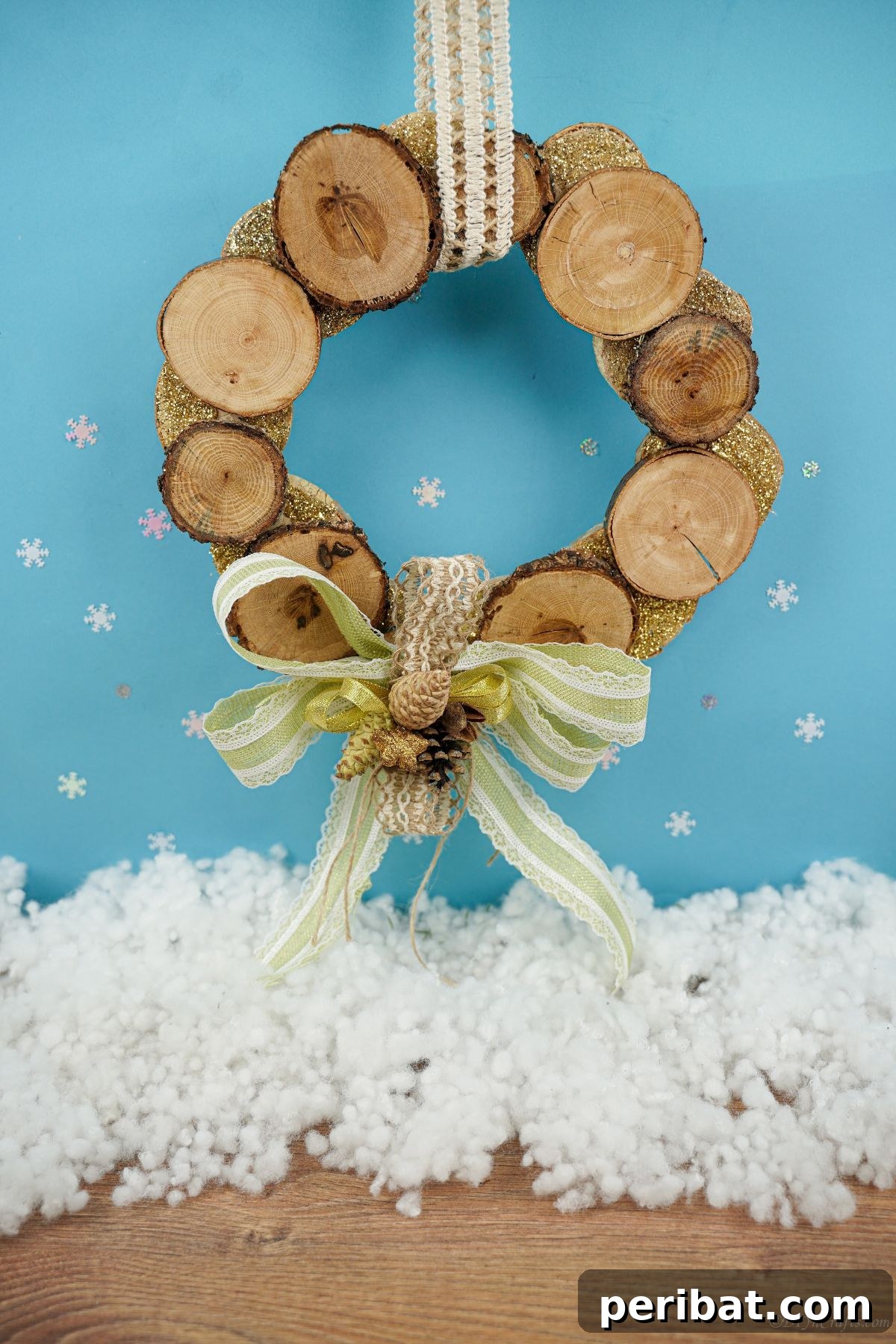 Natural Branch Slice Wreath Adorned with Pinecones 7 Wood slice wreath with pinecones and green ribbon hanging against a blue wall with fake snow