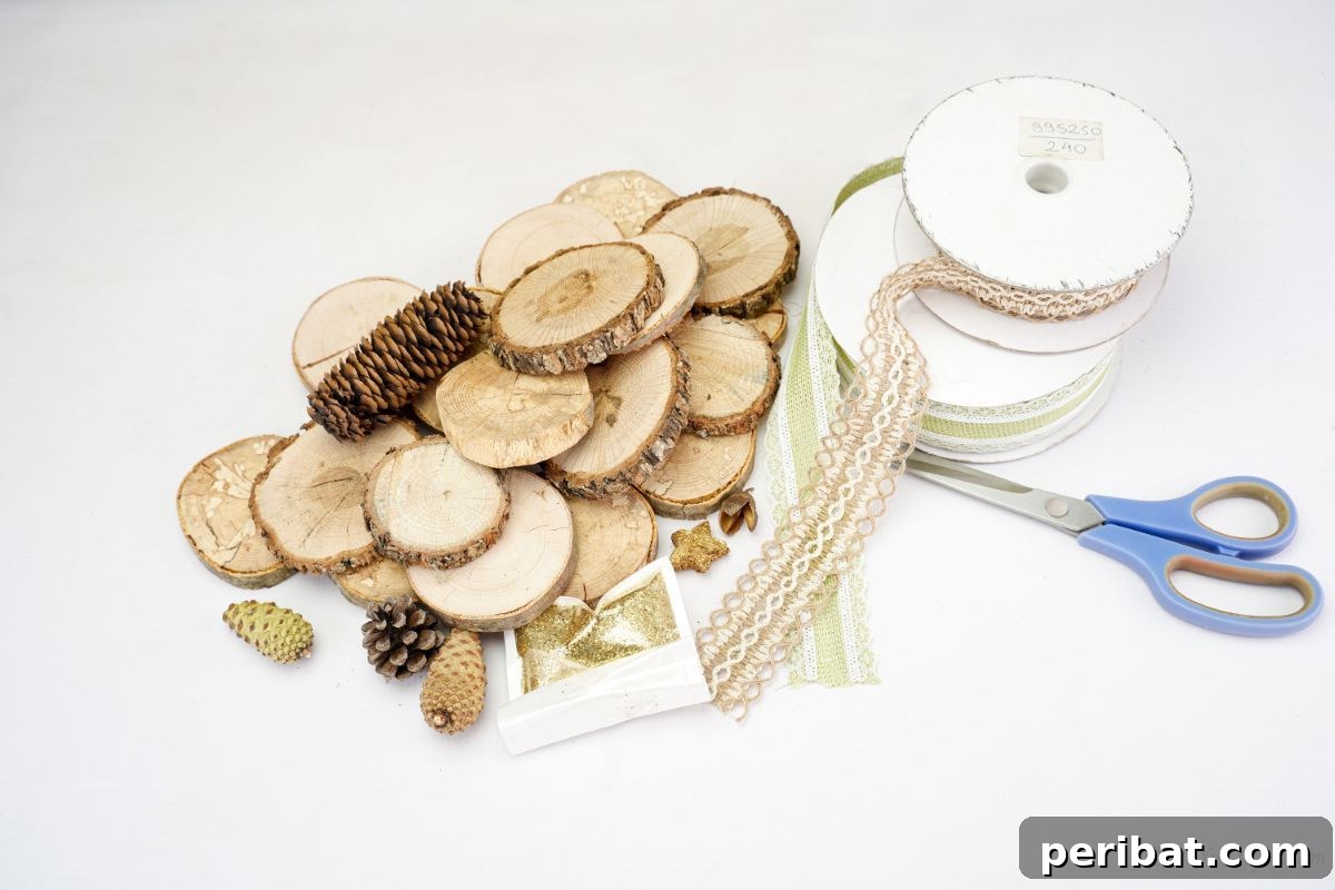 Natural Branch Slice Wreath Adorned with Pinecones 8 Wood slices and pinecones on a white table, ready for crafting