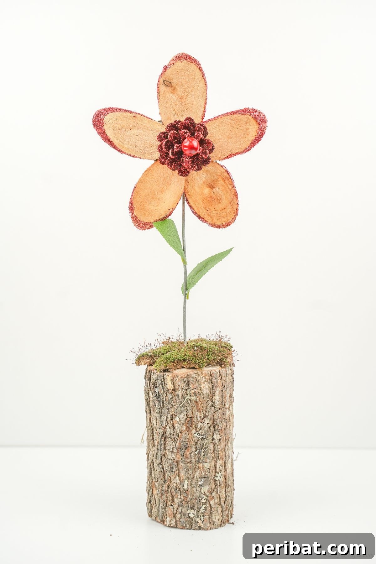 white backdrop behind wood slice flower