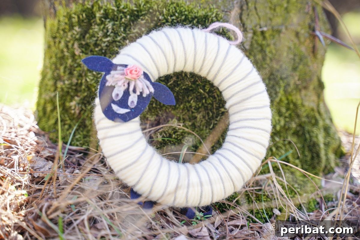 Whimsical Woolly Lamb Easter Wreath 17 Finished yarn sheep wreath hanging gracefully against a tree trunk, showcasing its adorable design and fluffy texture.