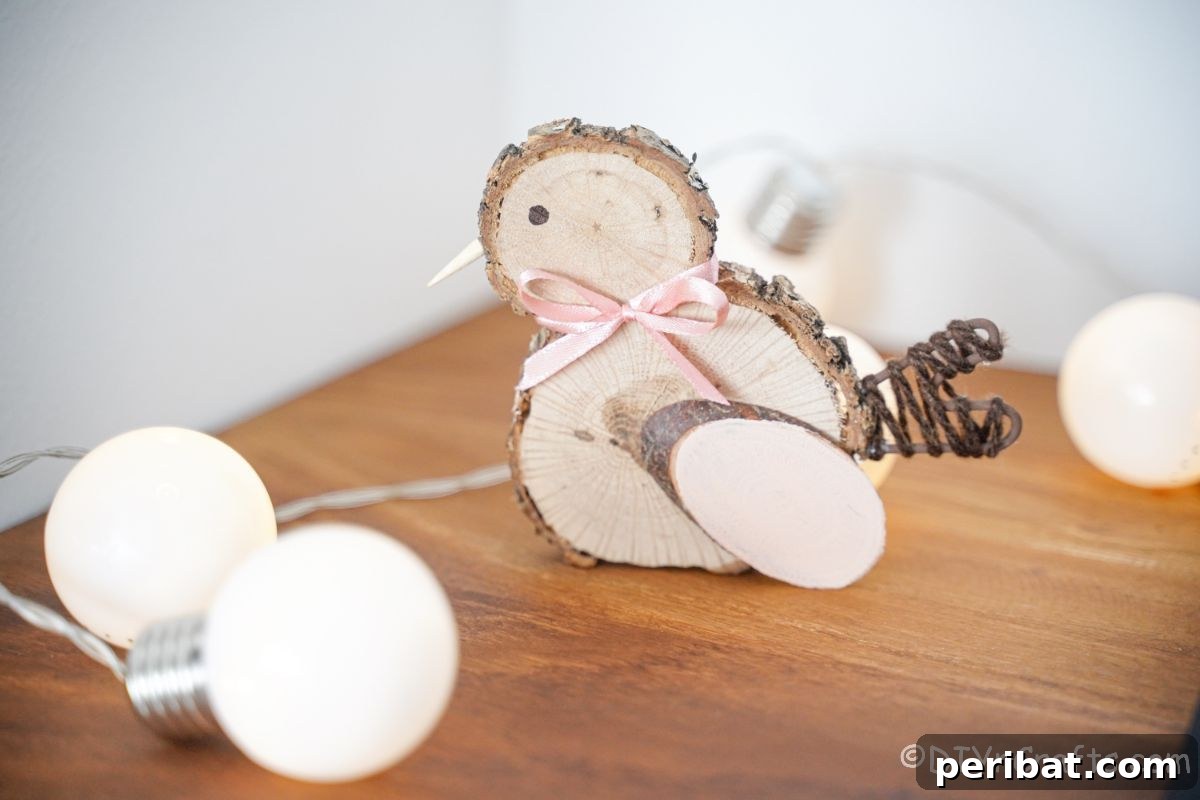 wood slice chick on wood table with warm lights in the background