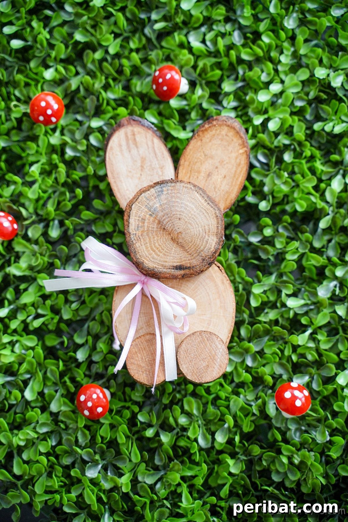 wood slice bunny on clover with mini mushrooms