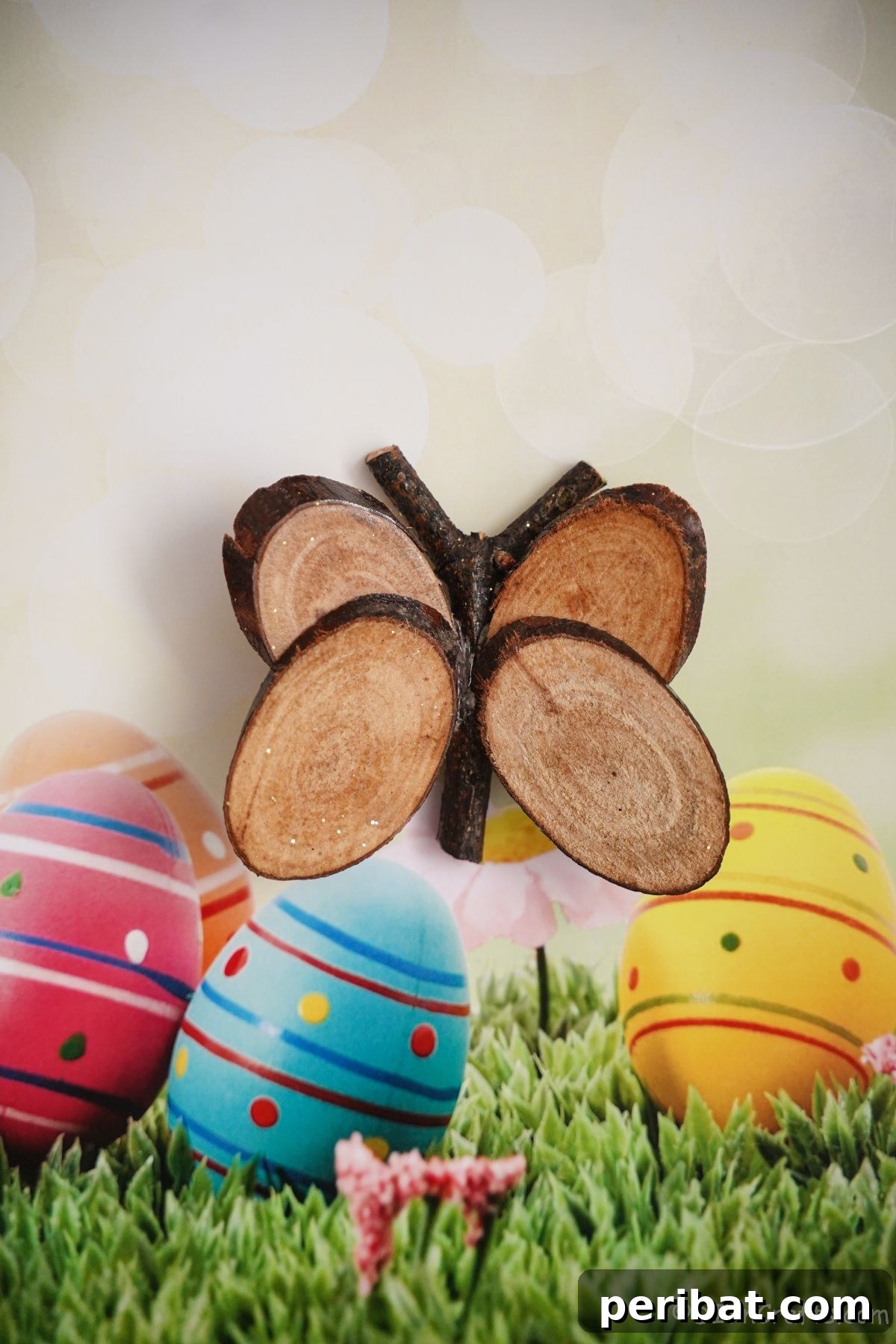 A rustic wood slice butterfly gracefully placed on decorative paper featuring an Easter egg pattern, perfect for holiday decor