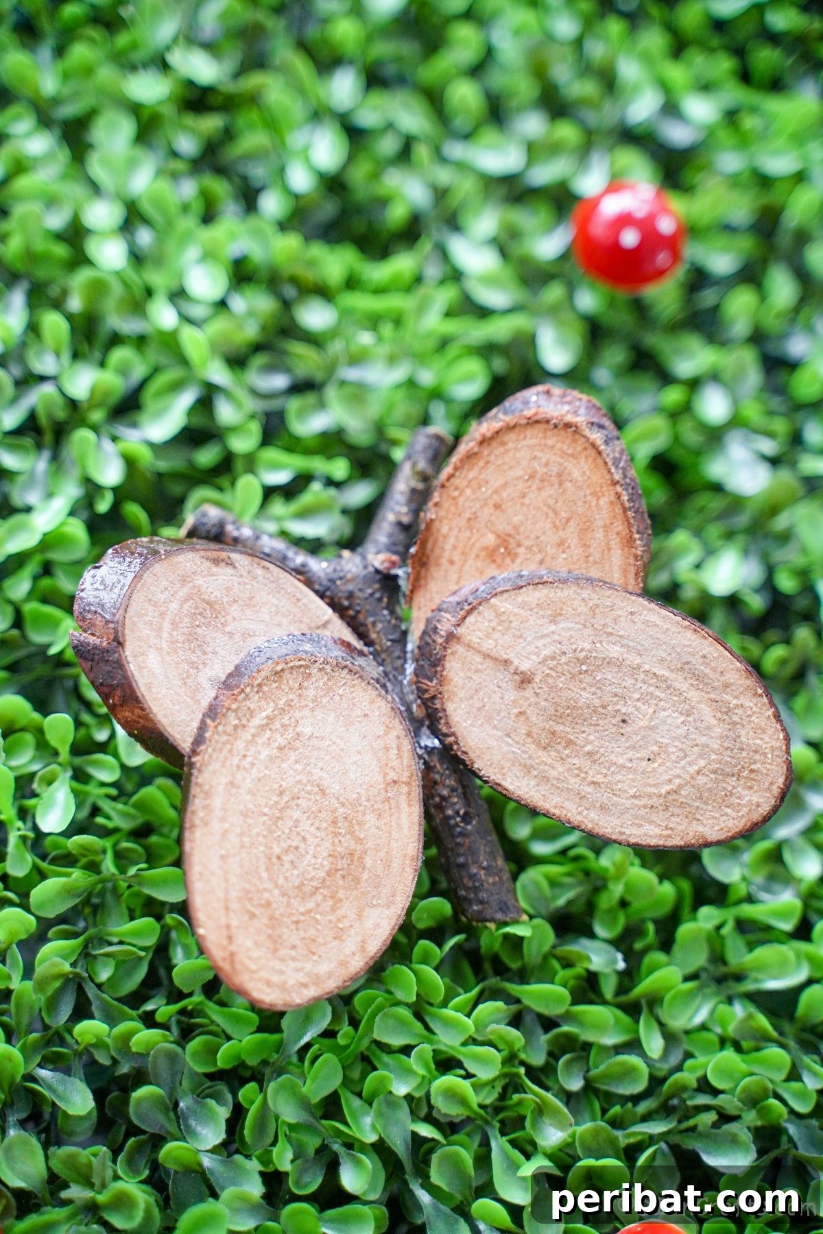 Beautiful wood slice butterfly delicately placed on a bed of vibrant green grass, highlighting its natural charm