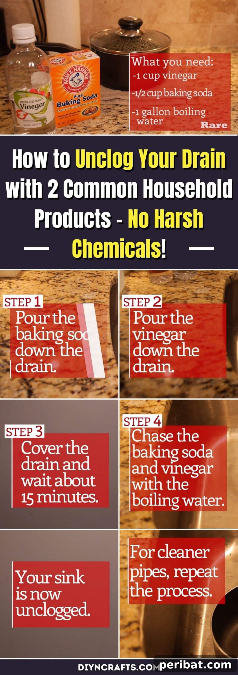 Unclog Drains Naturally With Two Household Staples 2 How to Unclog Your Drain with 2 Common Household Products – No Harsh Chemicals! pinterest image