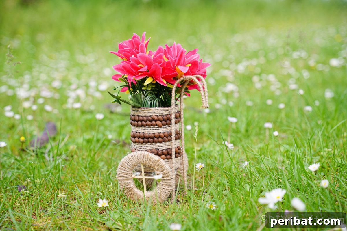 Rustic twine-wrapped tin can vase on lush green grass, showcasing coffee bean accents.