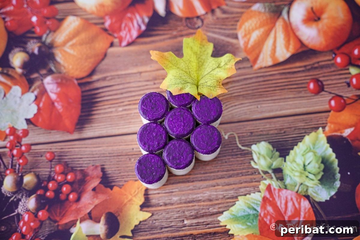 fall leaves scrapbook paper with painted cork grape cluster on top