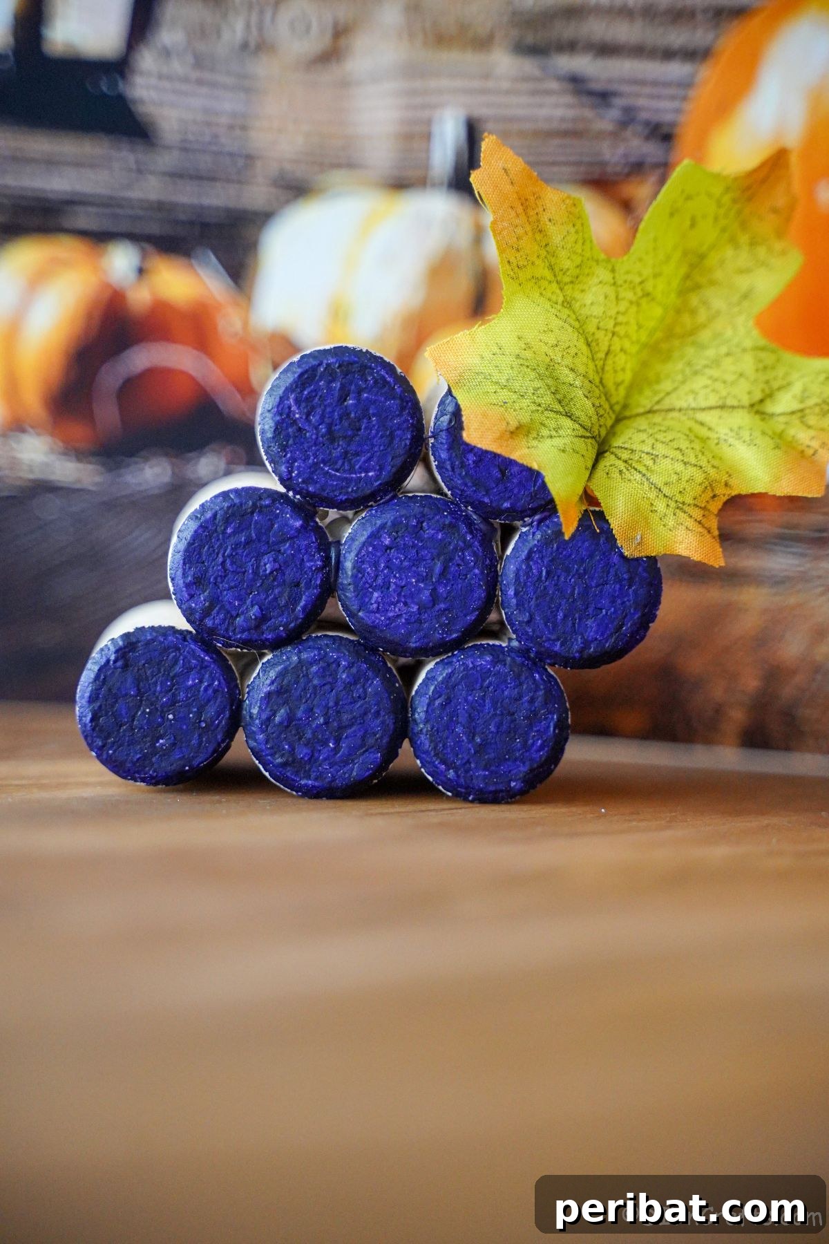 Purple cork grape cluster in front of fall decor, highlighting its autumnal appeal.