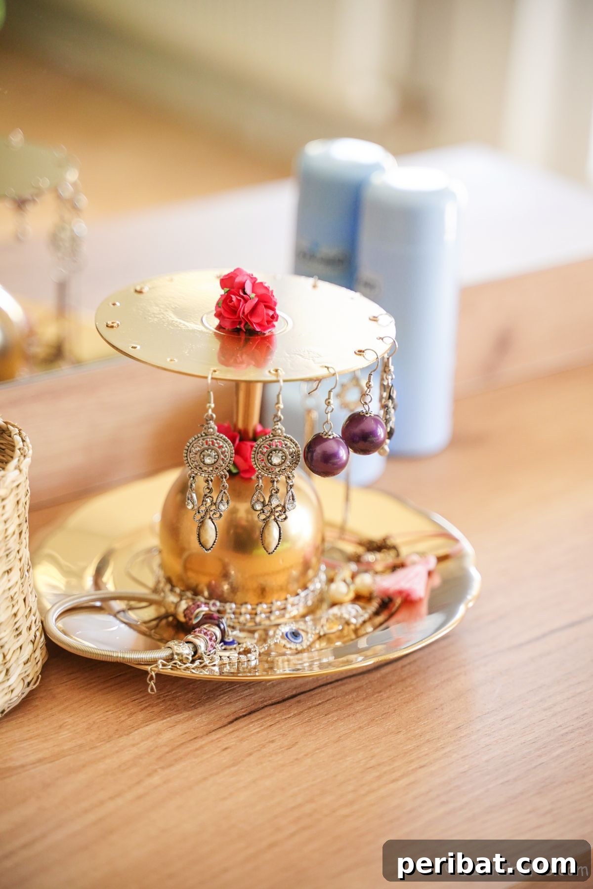 Elegant Repurposed Plate Jewelry Organizer 4 two level jewelry stand on dresser by blue candle