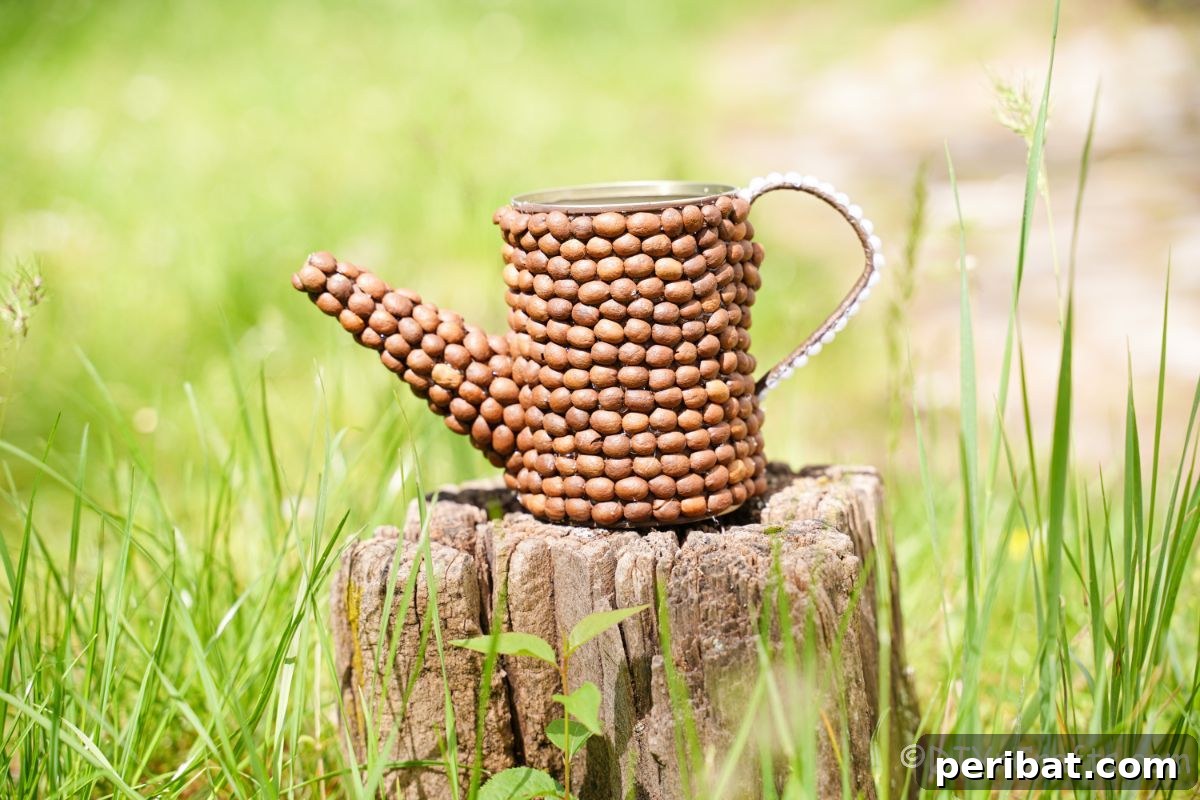 Rustic Coffee Motif Tin Watering Can 6 Rustic upcycled tin can watering can decoration sitting on a tree stump outdoors