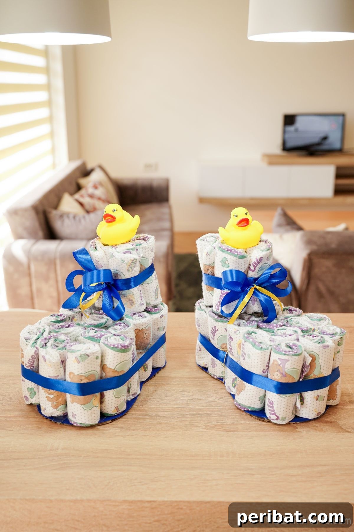 Sweet Steps Diaper Cake Delight 2 baby bootie diaper cakes with blue ribbon on table