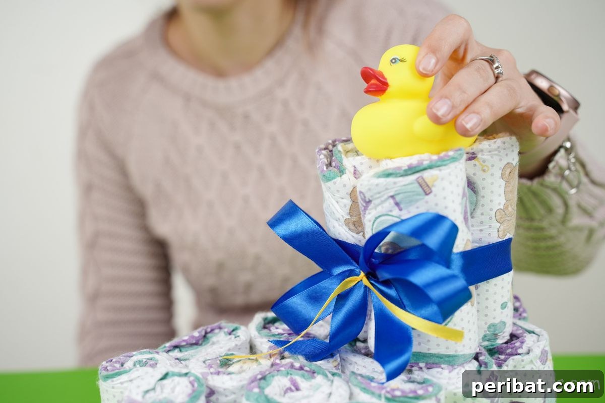 Sweet Steps Diaper Cake Delight 19 hand putting rubber ducky on top of diaper cake