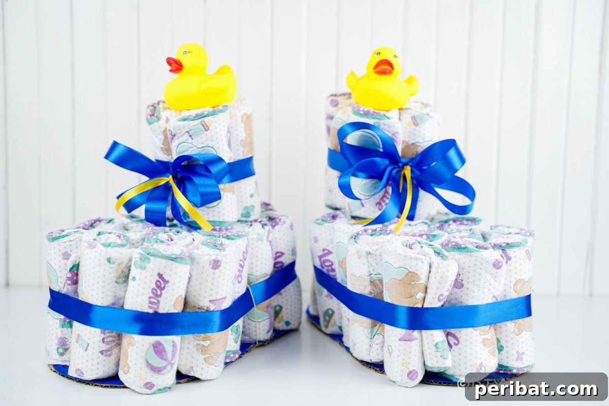 Sweet Steps Diaper Cake Delight 20 diaper cake shoes with rubber duckie son top