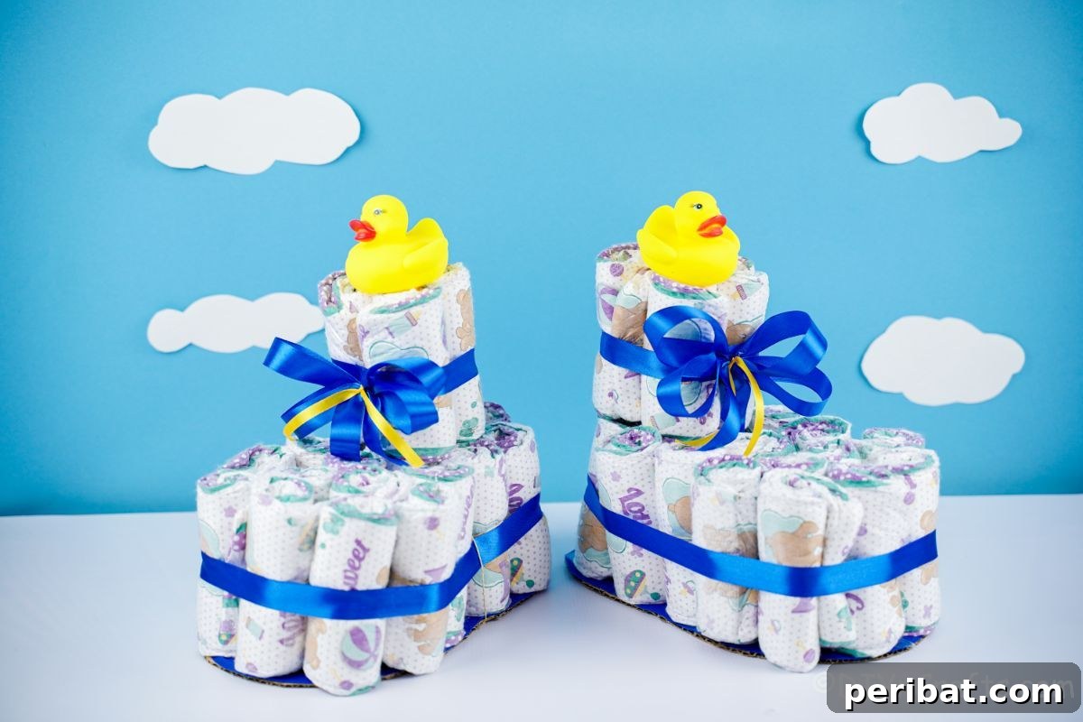 Sweet Steps Diaper Cake Delight 3 diaper cake shoes with blue ribbon and rubber ducks on top