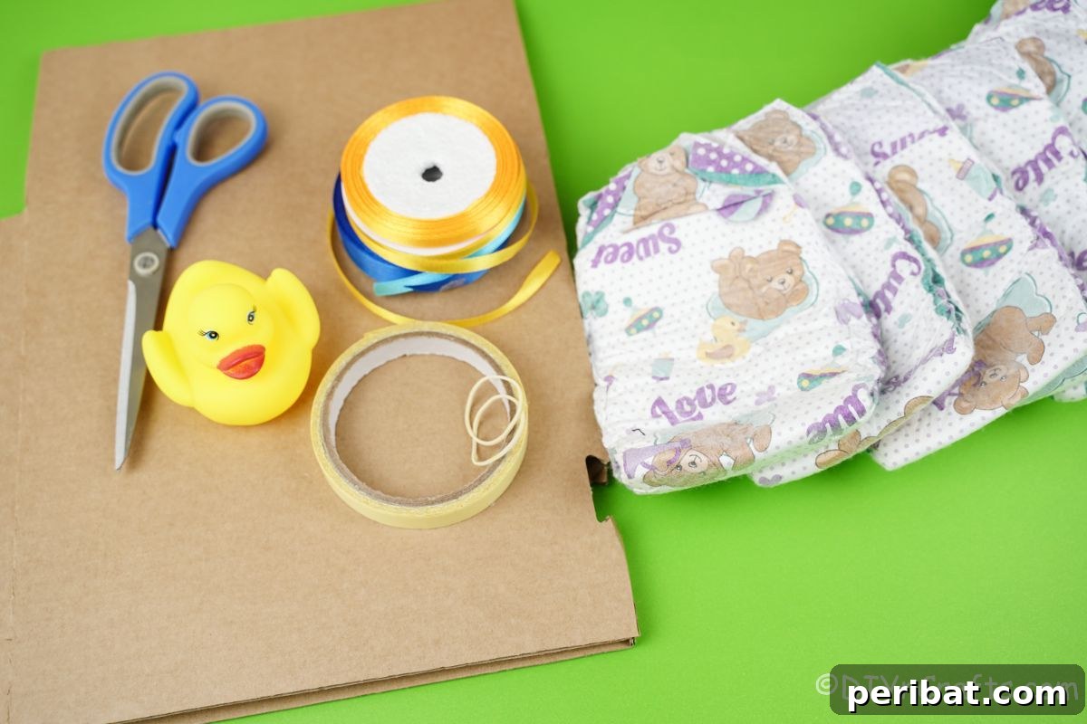 Sweet Steps Diaper Cake Delight 8 diapers cardboard ribbon and scissors on green table