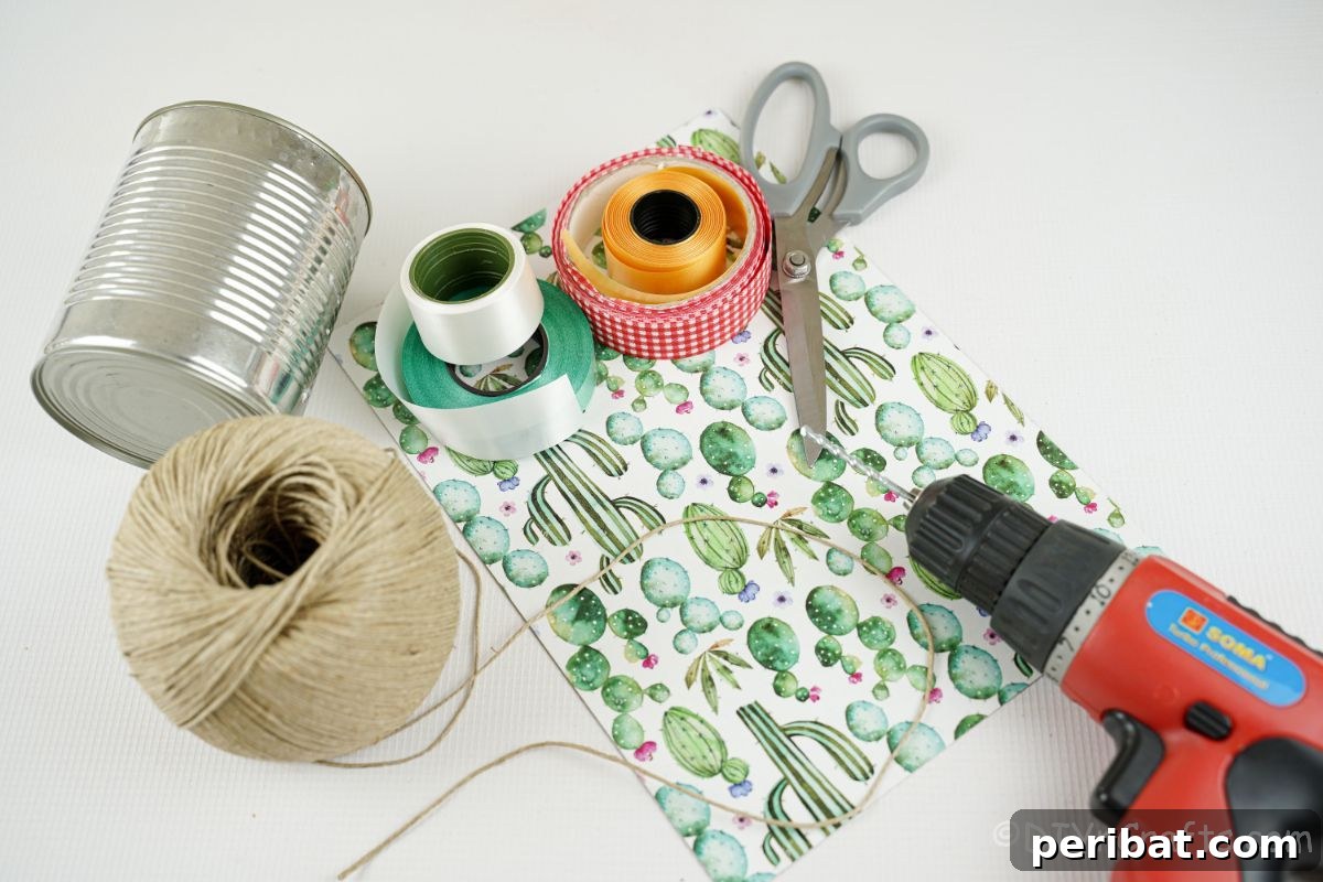 Vibrant Upcycled Tin Can Wind Socks 8 All the supplies for the tin can windsock craft laid out on a white table: tin can, twine, scrapbook paper, various ribbons, scissors, and a drill.