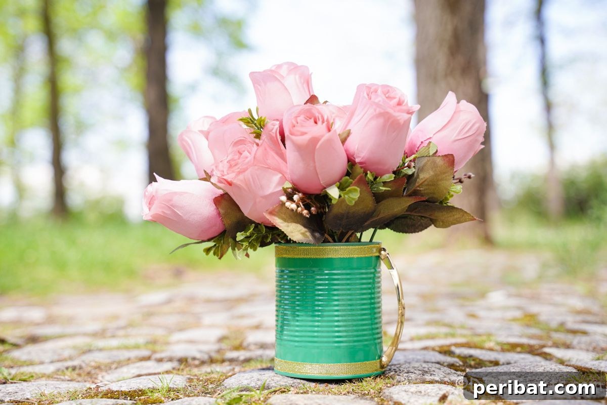 light green and gold tin can with gold handle on cobblestone path with pink roses