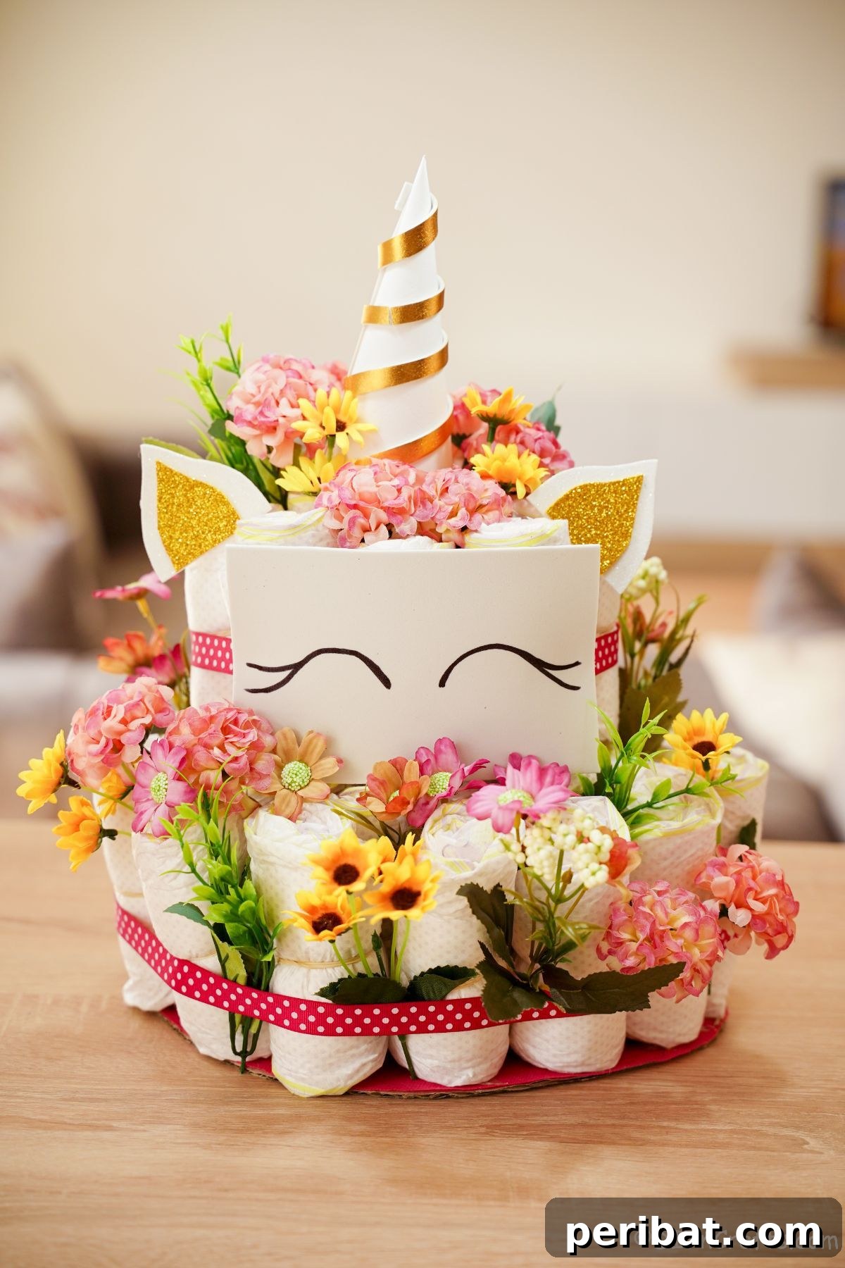 Create a Magical Unicorn Diaper Cake 2 Diaper cake unicorn on wood table with a light background