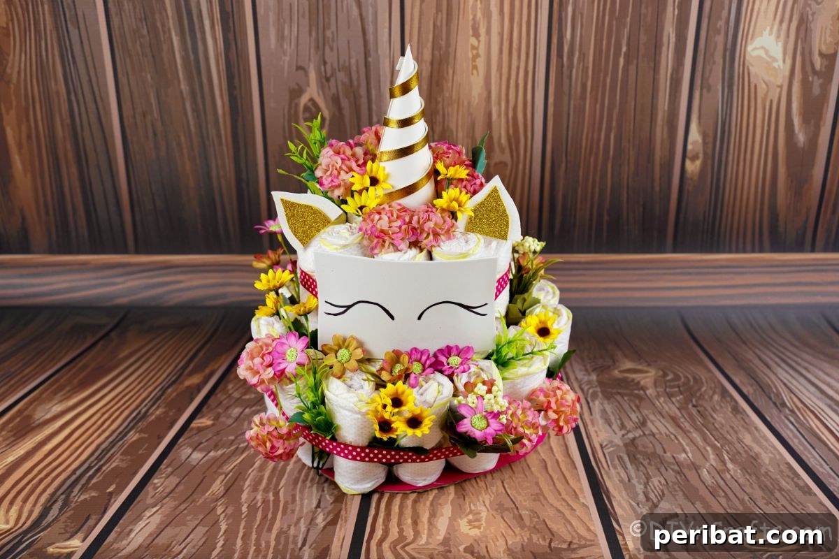 Create a Magical Unicorn Diaper Cake 22 Finished unicorn diaper cake on a wooden table, ready for a baby shower