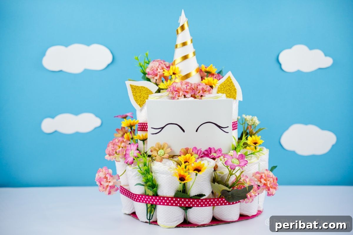 Create a Magical Unicorn Diaper Cake 5 Blue cloud background behind a charming unicorn diaper cake