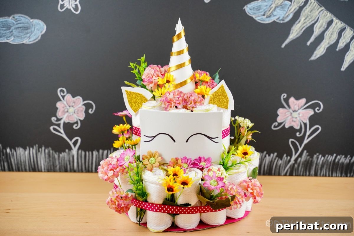 Create a Magical Unicorn Diaper Cake 7 Unicorn diaper cake on a table by a chalkboard background