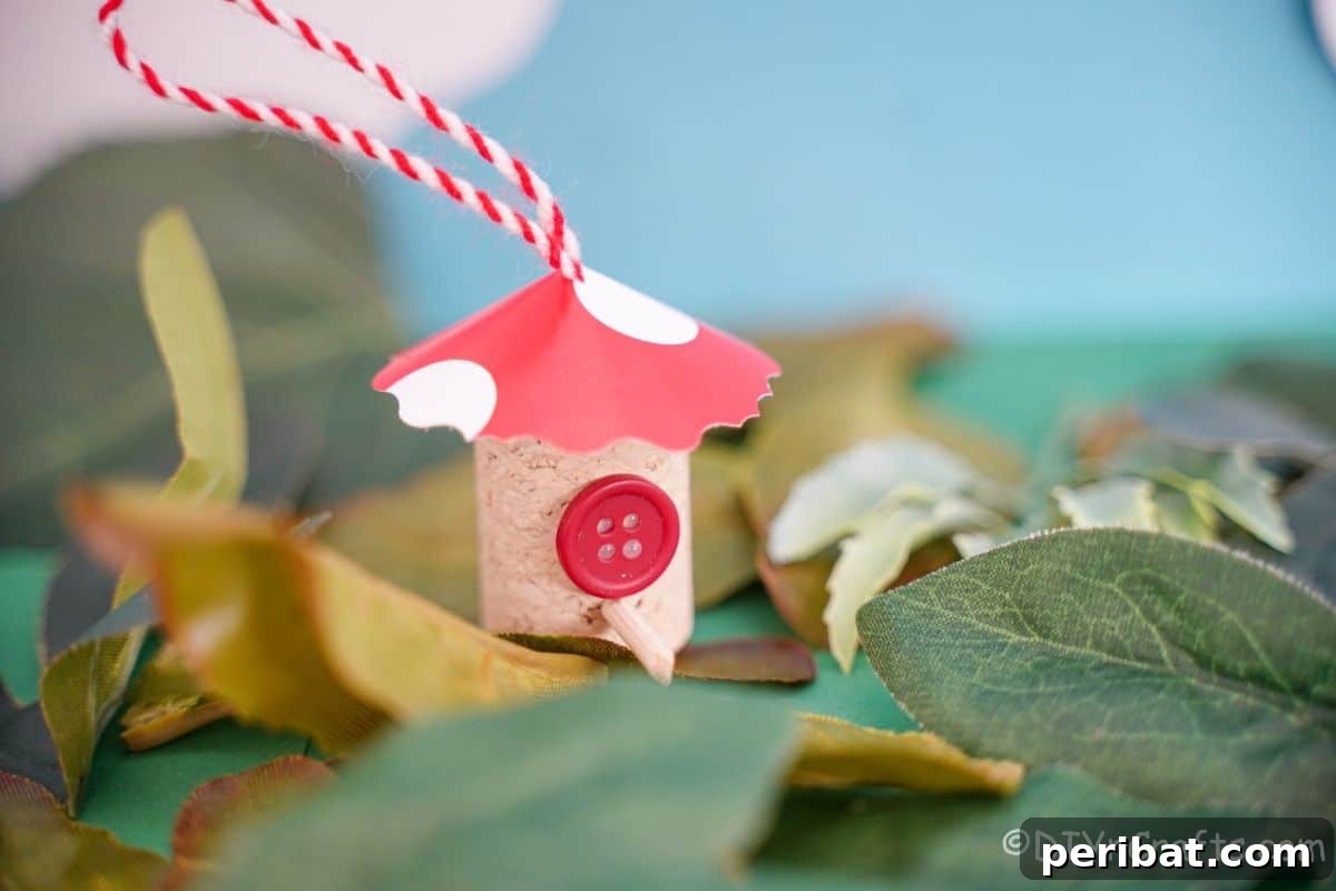 fake leaves under wine cork fairy house