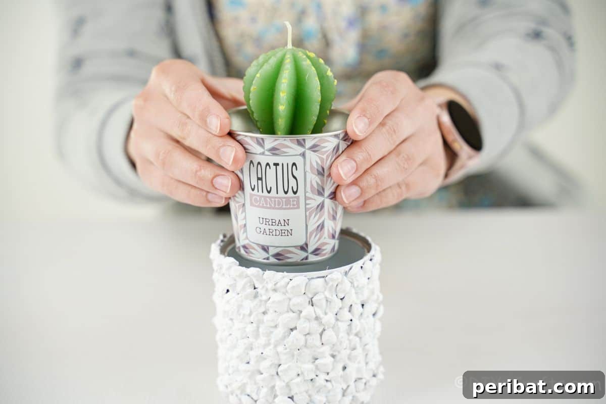 Nature-Inspired Upcycled Tin Can Planters 14 Hands carefully place a green cactus candle inside the newly painted white tin can planter, completing the decorative assembly.