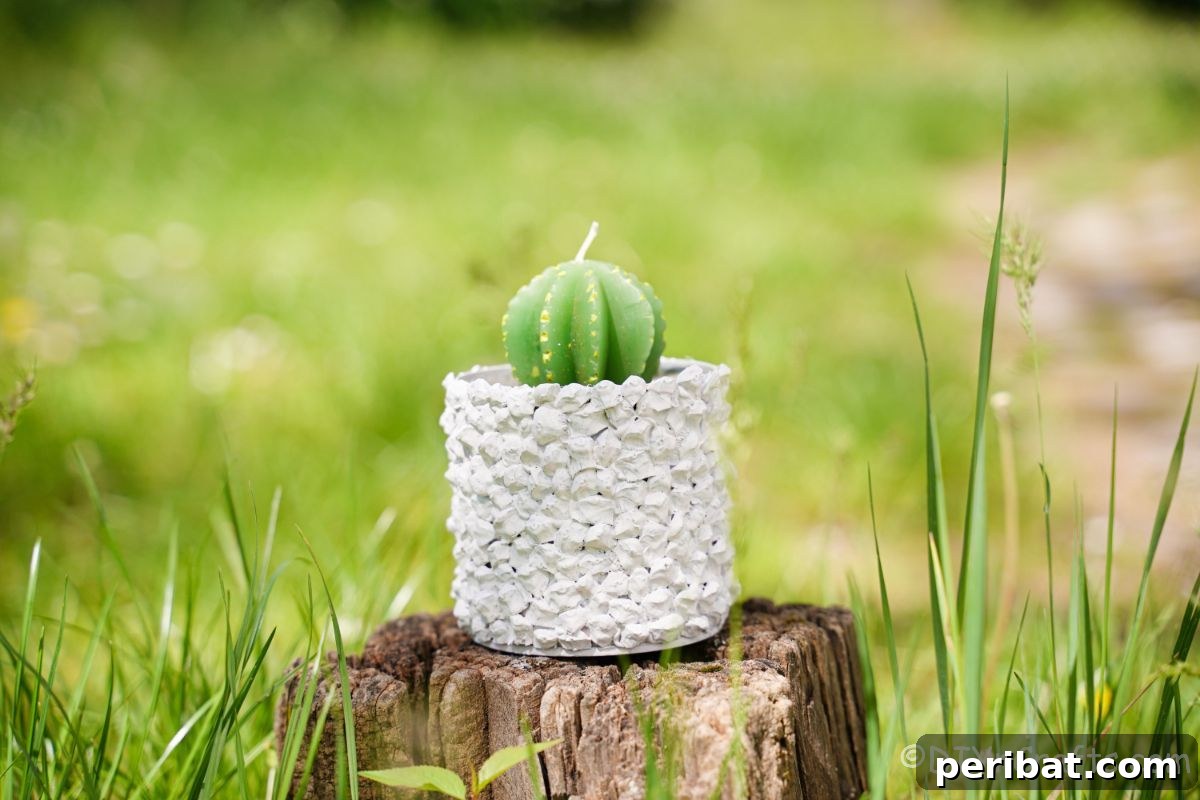 Nature-Inspired Upcycled Tin Can Planters 3 A white upcycled tin can planter, featuring a green cactus candle, resting gracefully on a tree stump amidst natural surroundings, highlighting its rustic appeal.