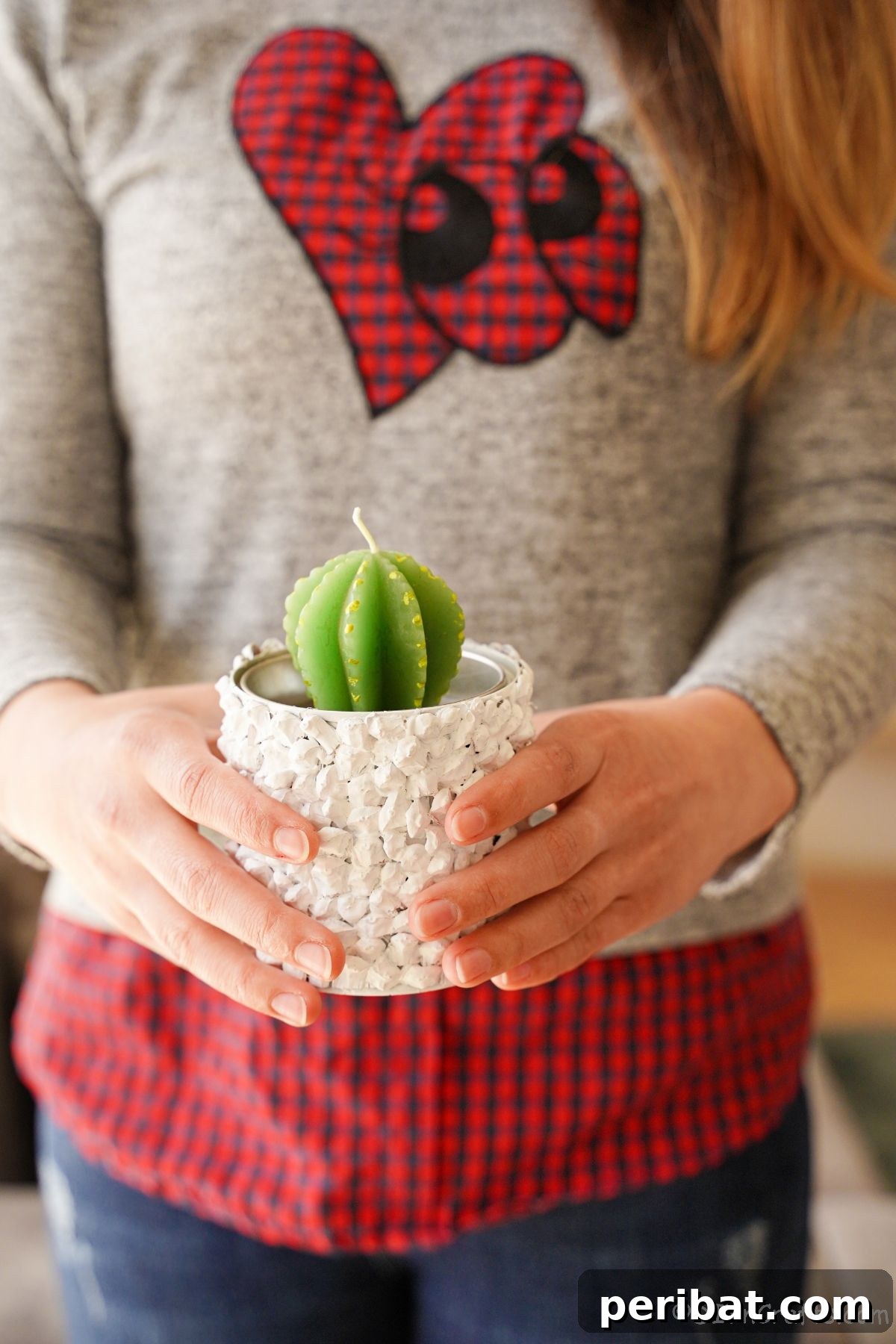 Nature-Inspired Upcycled Tin Can Planters 24 A woman in a grey sweater with red and black plaid details gently holds a white upcycled tin can planter with a charming cactus candle, showcasing the craft.
