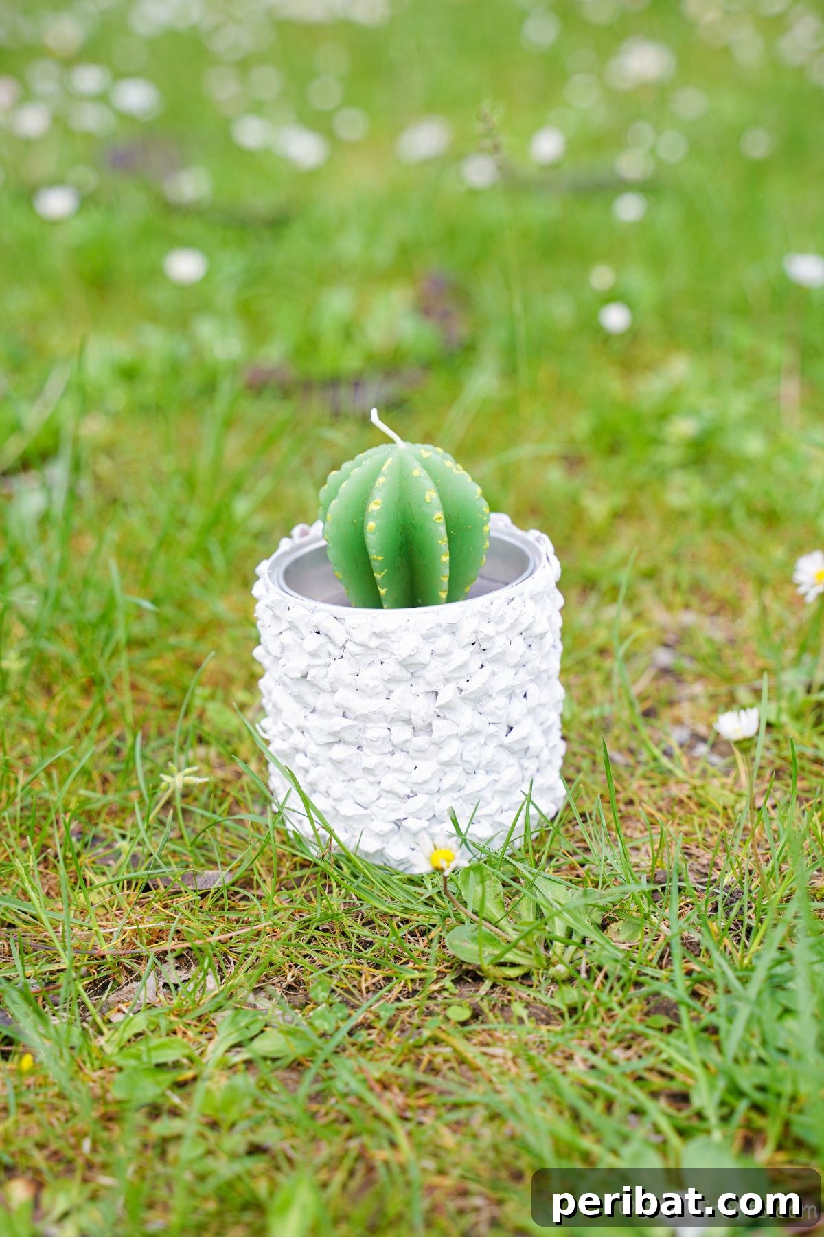 Nature-Inspired Upcycled Tin Can Planters 8 An upcycled tin can planter, painted white and adorned with pinecone texture, placed gracefully in a grassy yard, demonstrating its natural elegance outdoors.