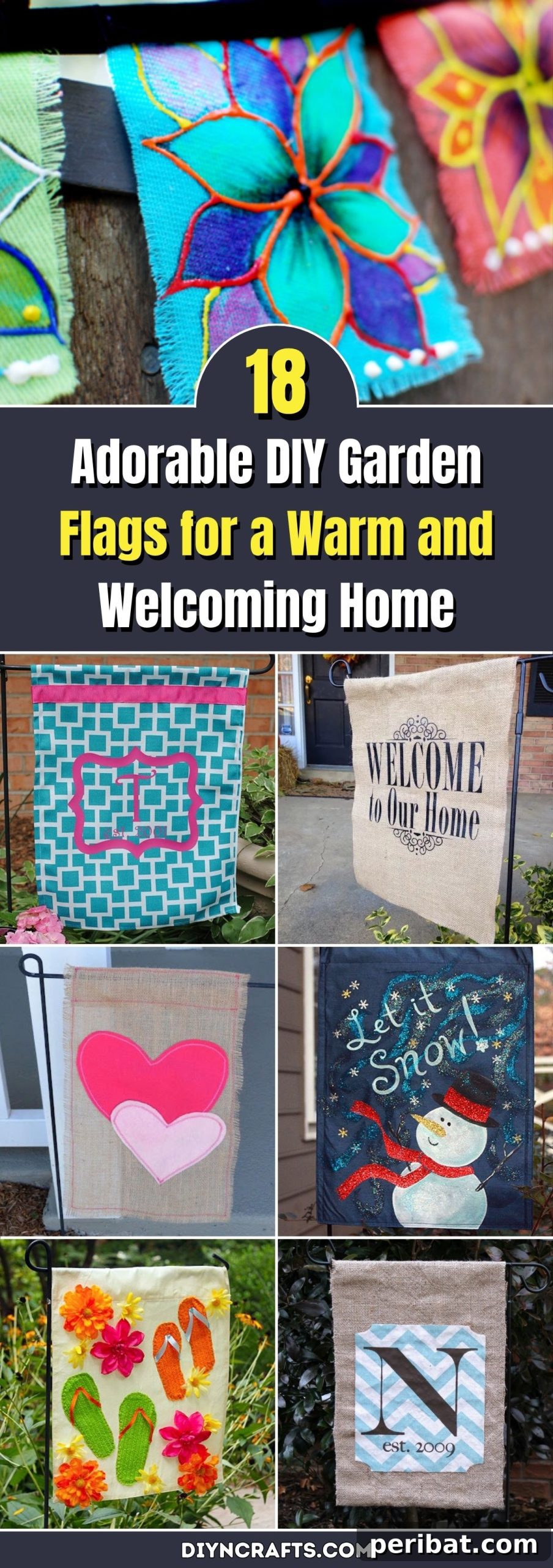 A vibrant garden flag featuring a welcoming message, perfect for enhancing curb appeal and expressing personal style.