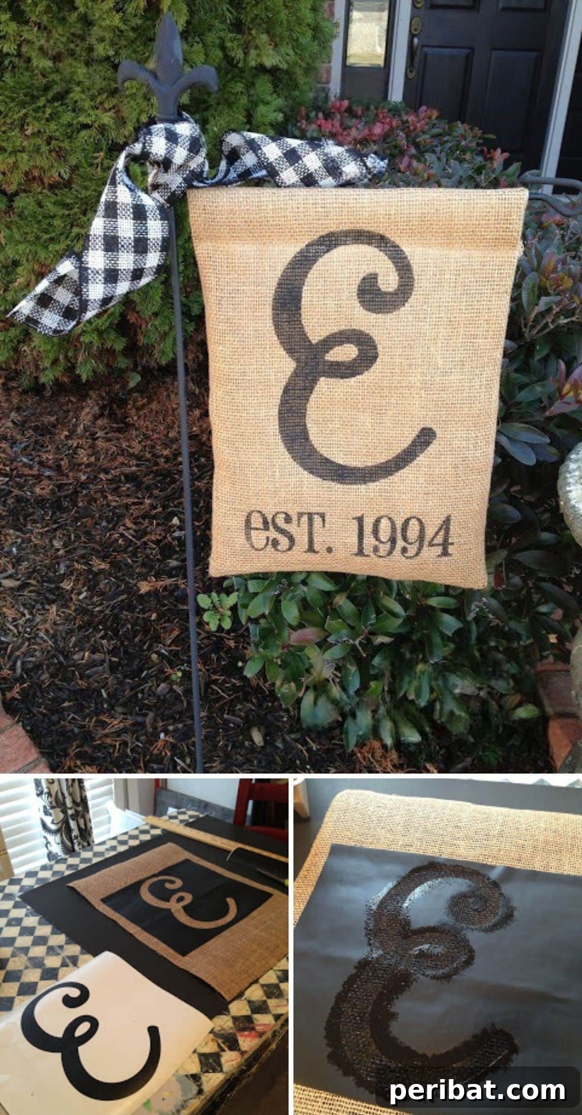 A minimalist garden flag created with a simple stencil for a monogram, elegantly finished with a small ribbon accent.