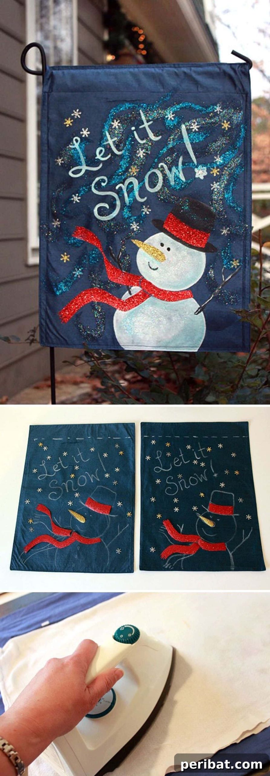 An innovative garden flag created by repurposing a placemat into a snowman design, perfect for budget-friendly holiday decor.