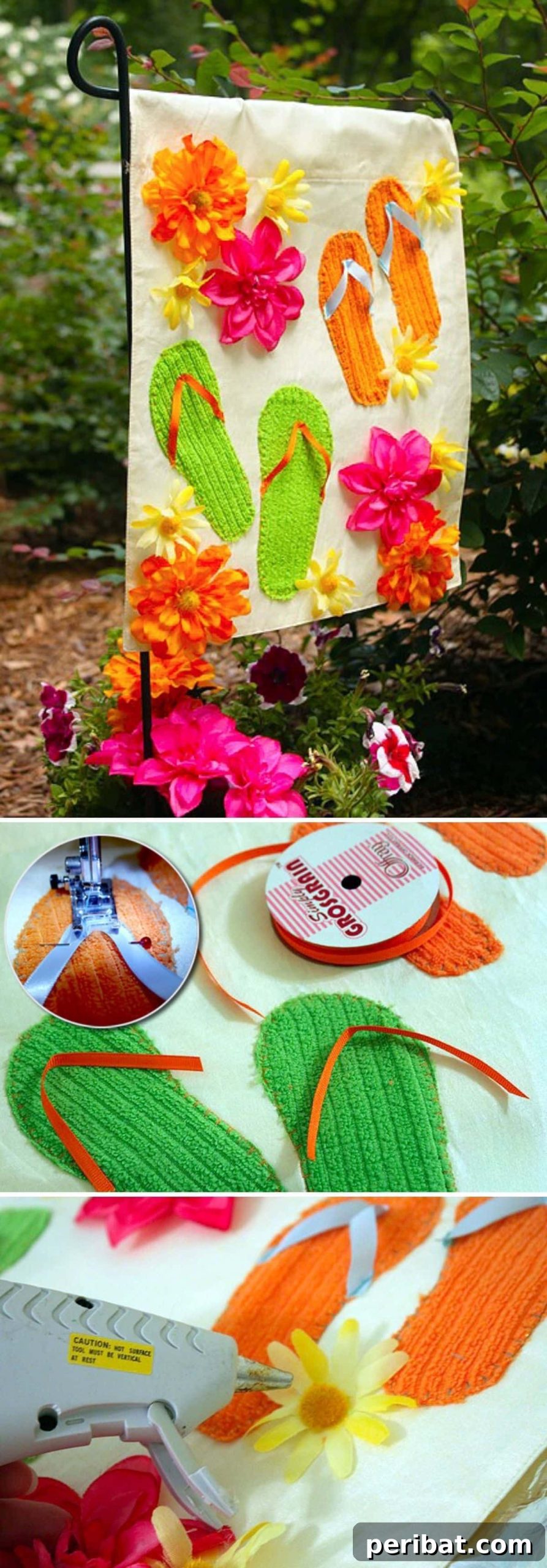 A vibrant summer garden flag ingeniously crafted from a dollar store placemat, featuring lively seasonal decorations.